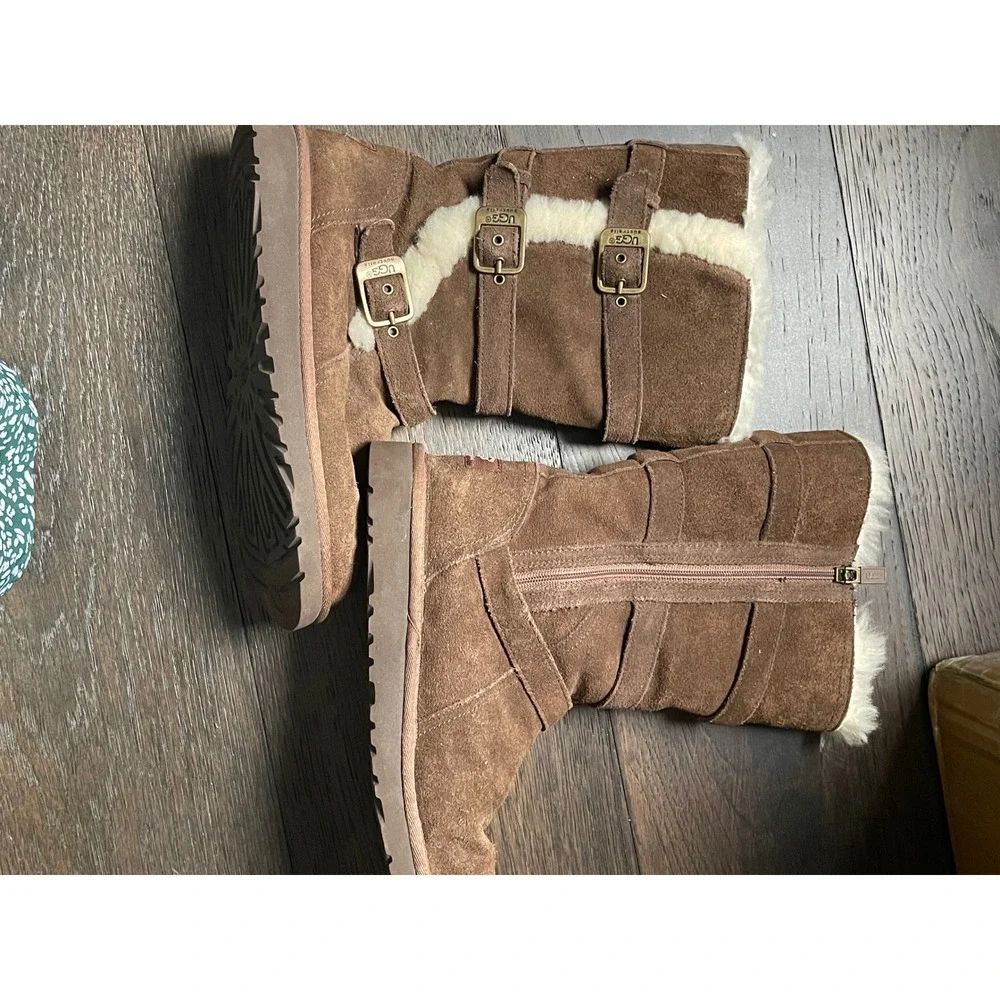 UGG Tall Chestnut Brown Suede Buckle Strap